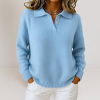 Marisol - Women's Polo Collar Ribbed Knit Sweater