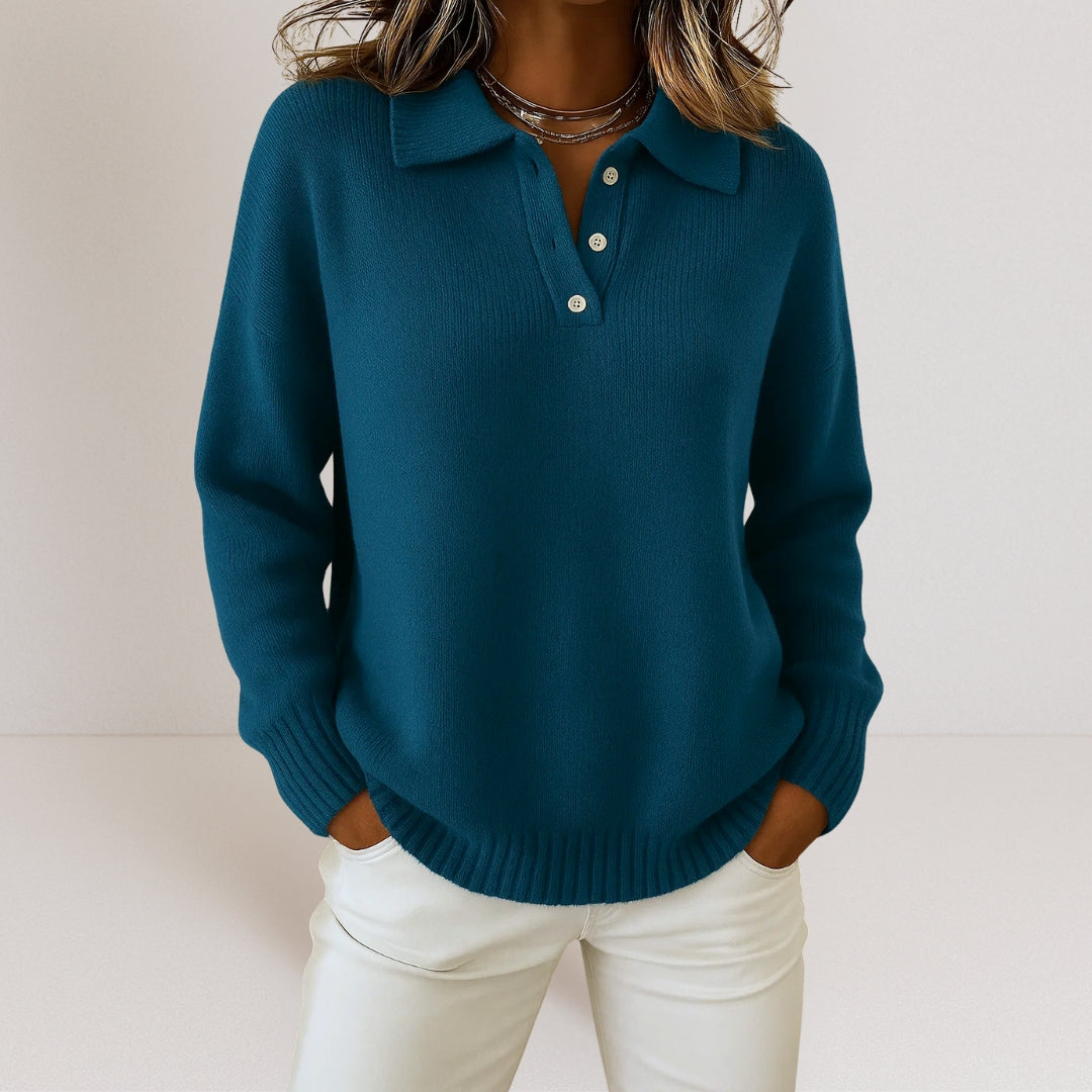 Marisol - Women's Polo Collar Ribbed Knit Sweater