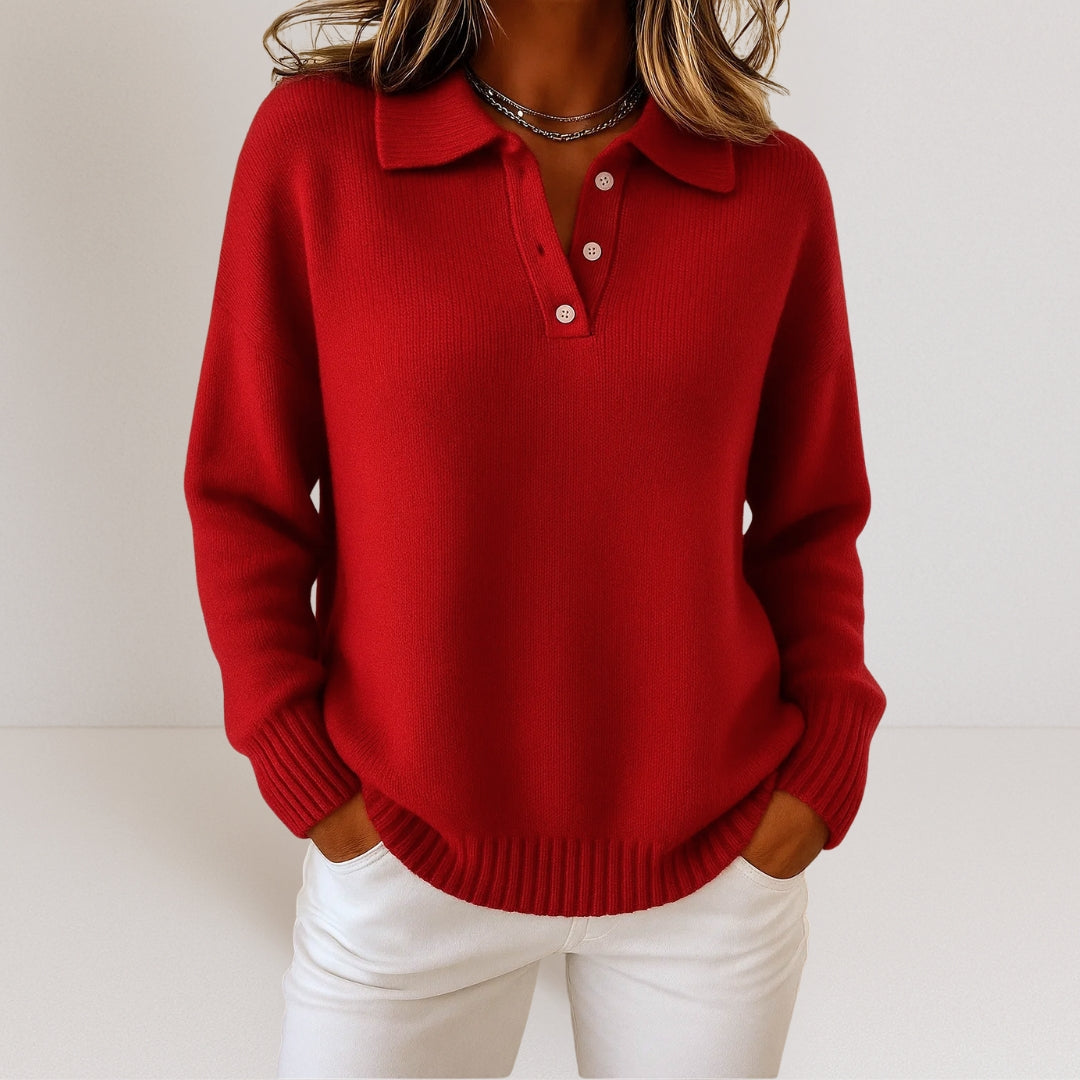 Marisol - Women's Polo Collar Ribbed Knit Sweater