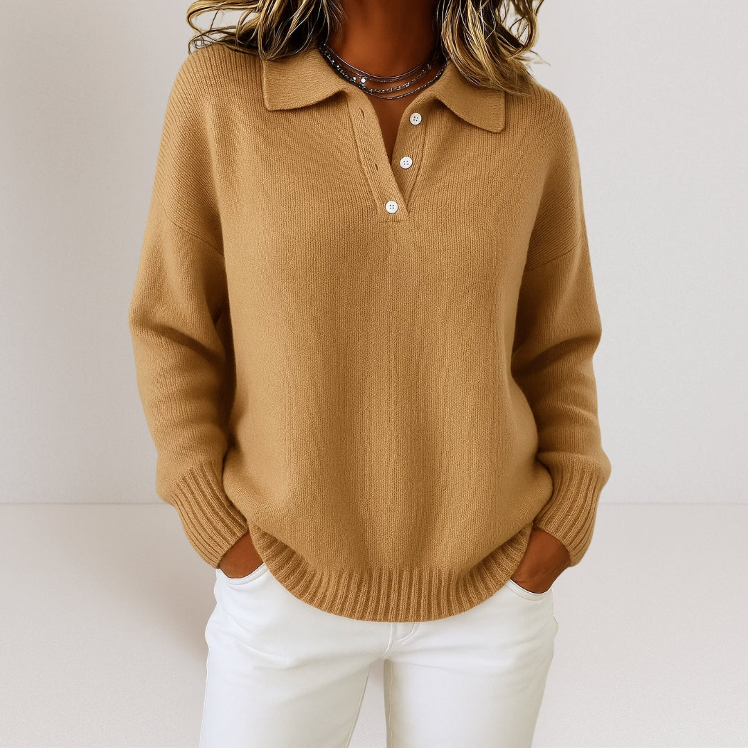 Marisol - Women's Polo Collar Ribbed Knit Sweater