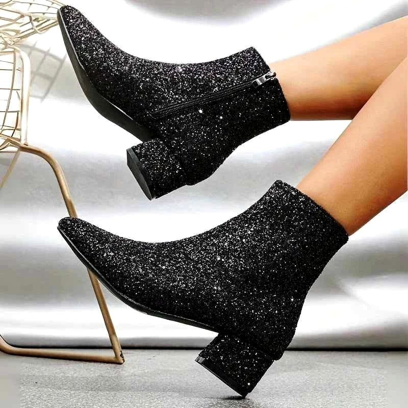 Marjorie - Women's Glitter Pointed Toe Block Heel Boots 1