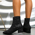 Marjorie - Women's Glitter Pointed Toe Block Heel Boots 11