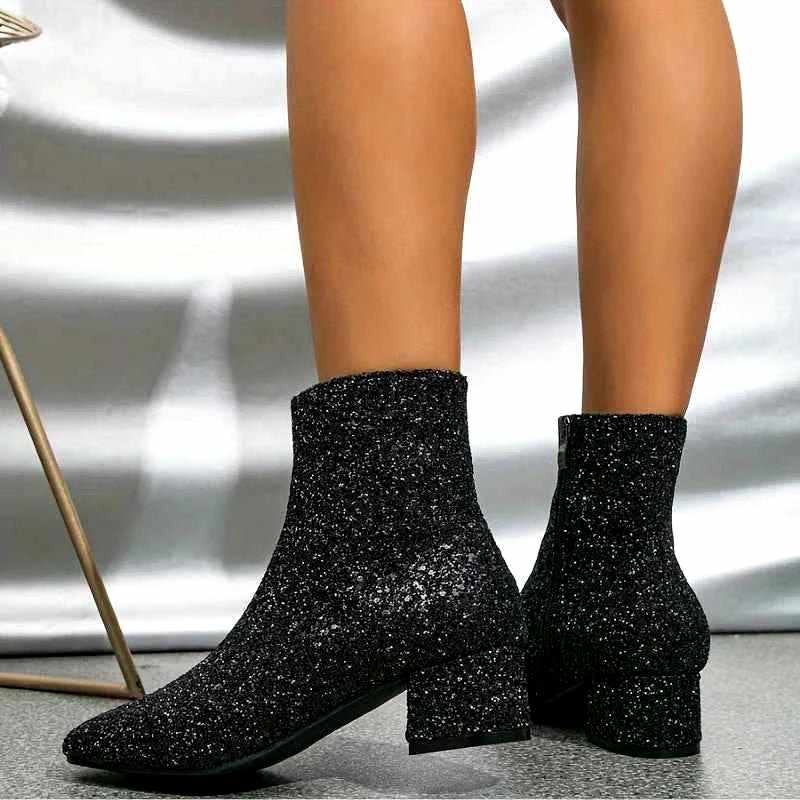 Marjorie - Women's Glitter Pointed Toe Block Heel Boots 11