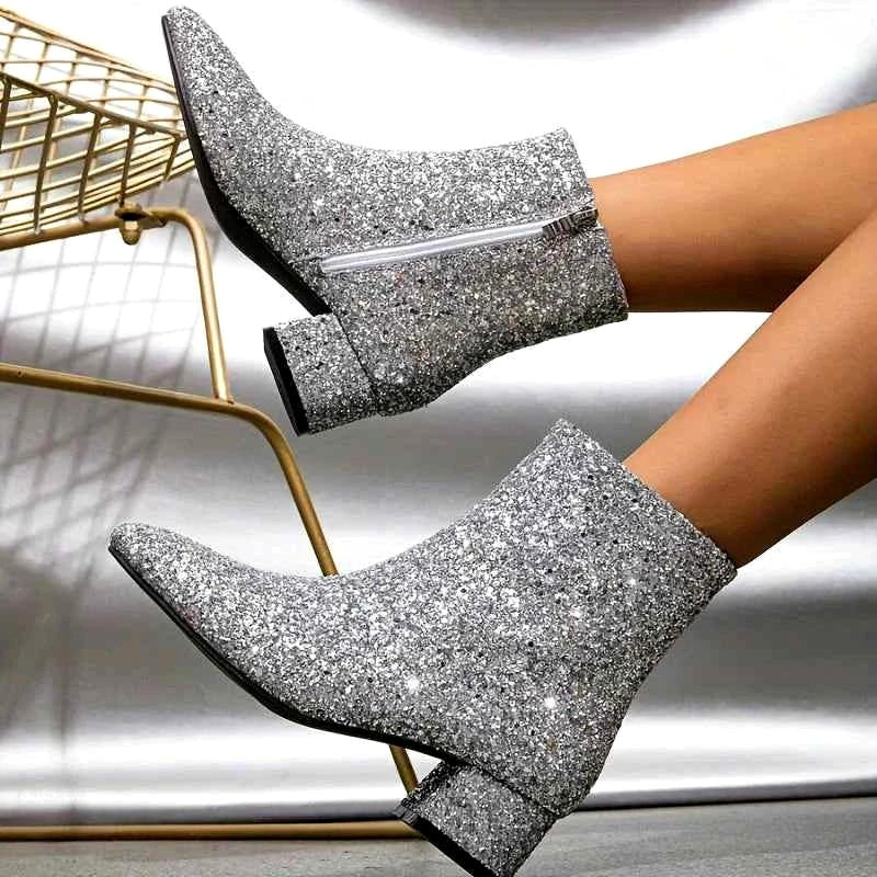 Marjorie - Women's Glitter Pointed Toe Block Heel Boots 3