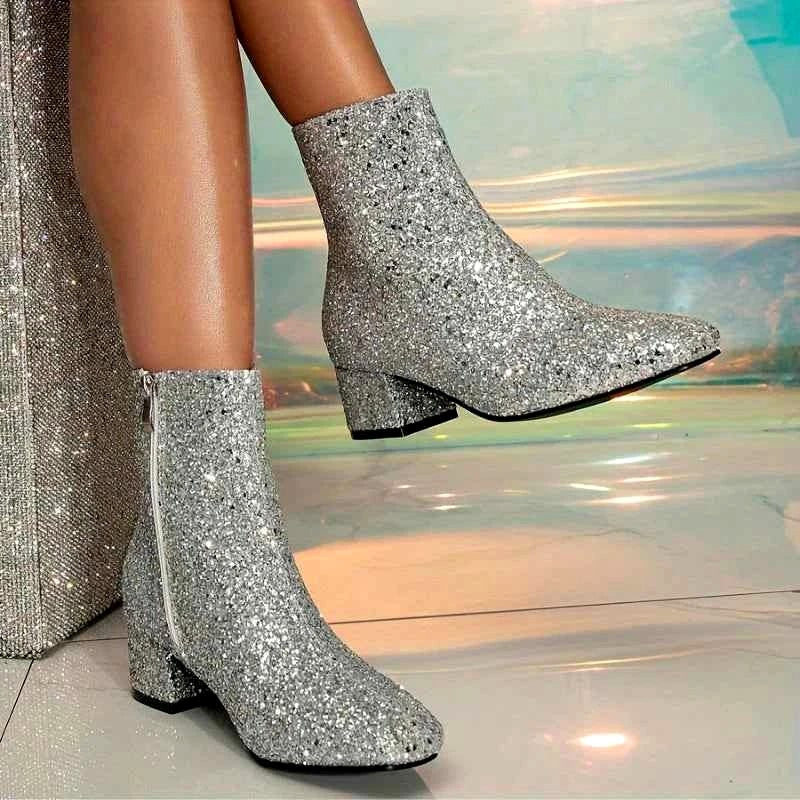 Marjorie - Women's Glitter Pointed Toe Block Heel Boots 7