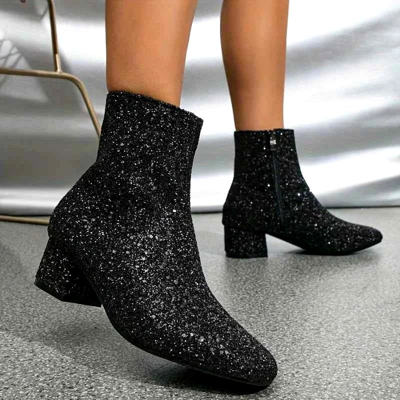 Marjorie - Women's Glitter Pointed Toe Block Heel Boots 9