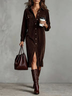 Marlowe - Women's Ribbed Corduroy Shirt Dress with Flared Hem