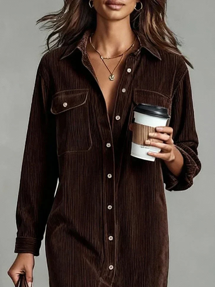 Marlowe - Women's Ribbed Corduroy Shirt Dress with Flared Hem