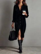 Marlowe - Women's Ribbed Corduroy Shirt Dress with Flared Hem