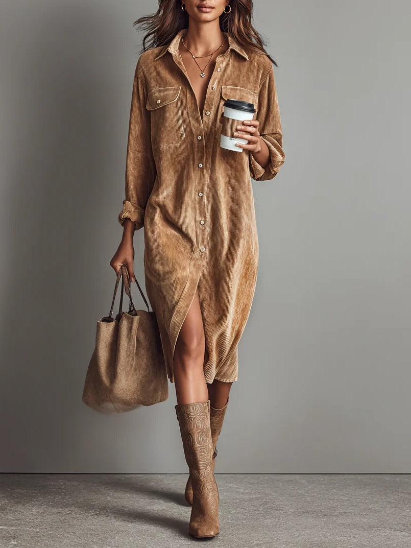 Marlowe - Women's Ribbed Corduroy Shirt Dress with Flared Hem