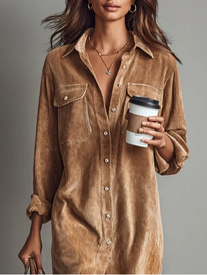 Marlowe - Women's Ribbed Corduroy Shirt Dress with Flared Hem