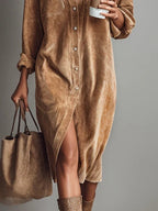 Marlowe - Women's Ribbed Corduroy Shirt Dress with Flared Hem