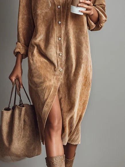 Marlowe - Women's Ribbed Corduroy Shirt Dress with Flared Hem