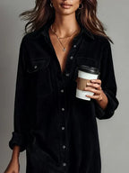 Marlowe - Women's Ribbed Corduroy Shirt Dress with Flared Hem