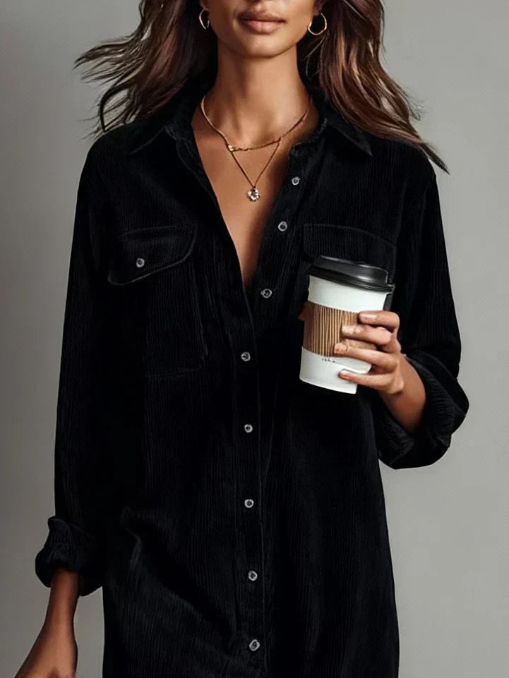 Marlowe - Women's Ribbed Corduroy Shirt Dress with Flared Hem