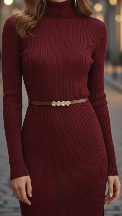Megan - Women's Ribbed Turtleneck Midi Dress with Jeweled Belt