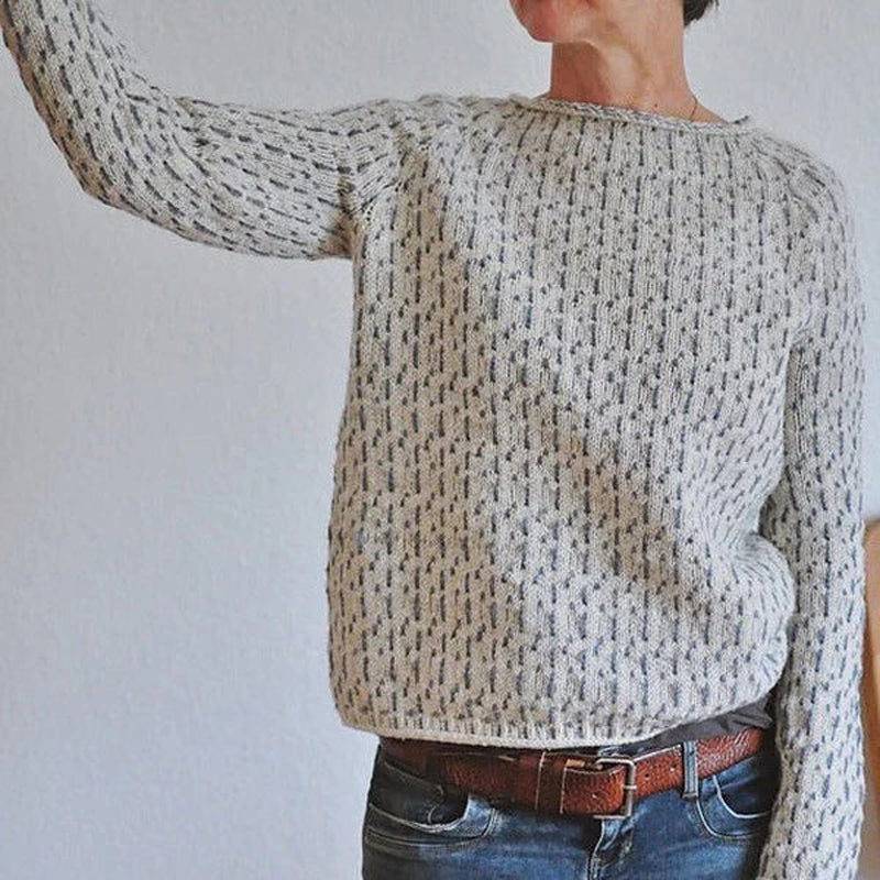Natalie - Women's Speckled Knit Sweater with Ribbed Crew Neck