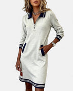 Noelle - Women's Polo Collar Shift Dress with Striped Cuffs