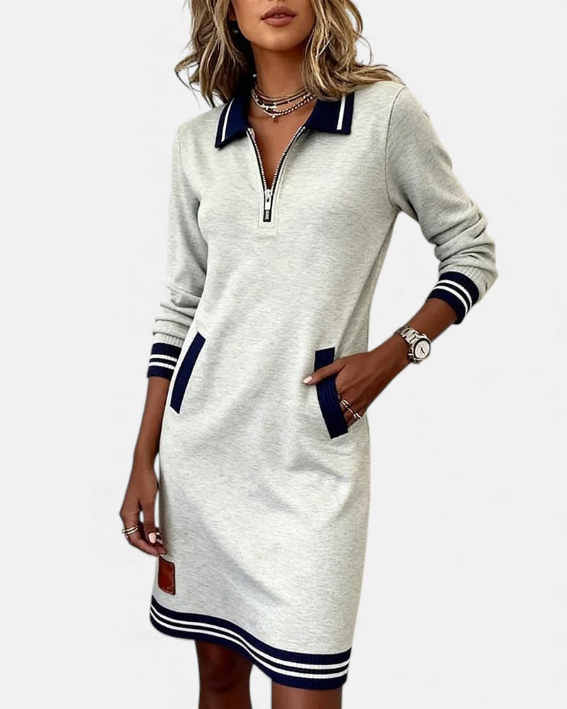 Noelle - Women's Polo Collar Shift Dress with Striped Cuffs