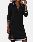 Noelle - Women's Polo Collar Shift Dress with Striped Cuffs