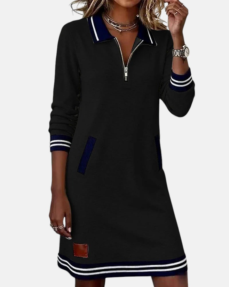 Noelle - Women's Polo Collar Shift Dress with Striped Cuffs