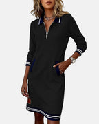 Noelle - Women's Polo Collar Shift Dress with Striped Cuffs