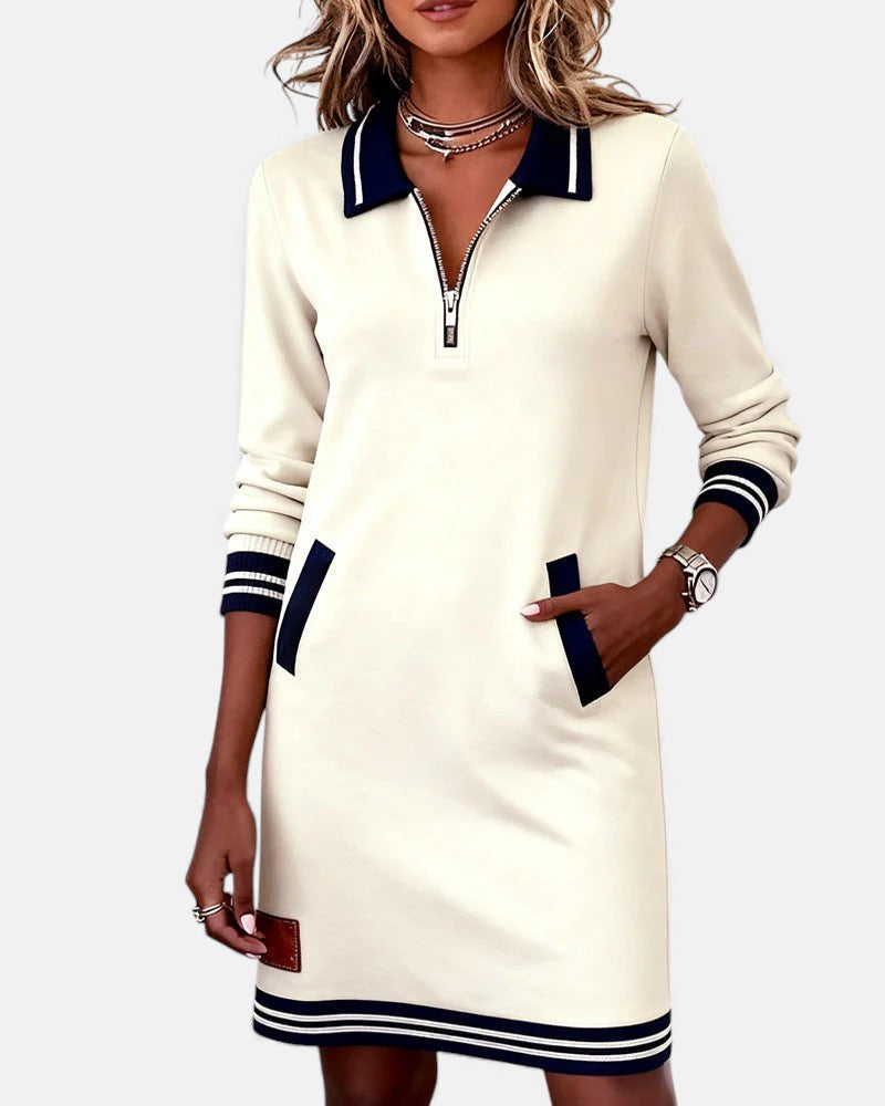 Noelle - Women's Polo Collar Shift Dress with Striped Cuffs
