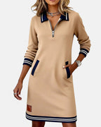Noelle - Women's Polo Collar Shift Dress with Striped Cuffs