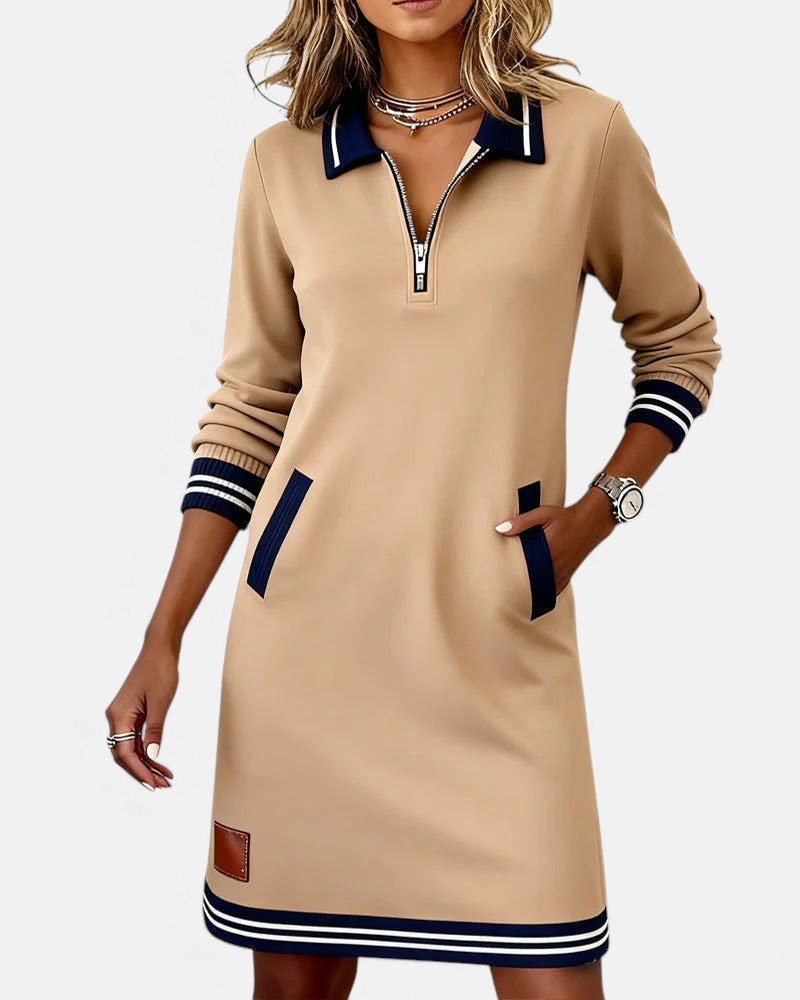 Noelle - Women's Polo Collar Shift Dress with Striped Cuffs