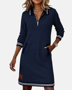 Noelle - Women's Polo Collar Shift Dress with Striped Cuffs
