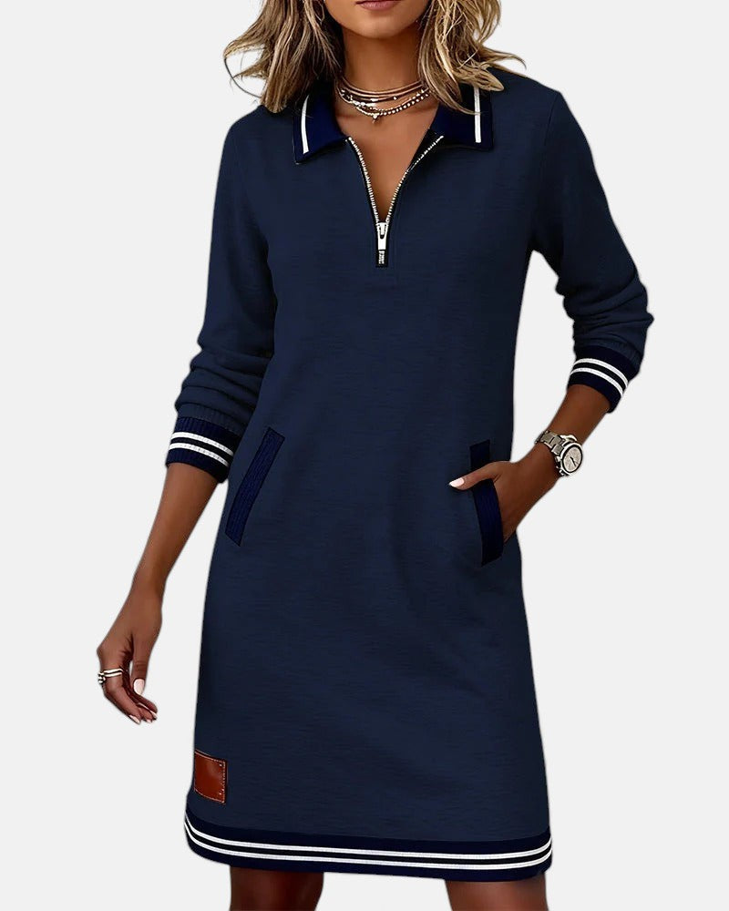 Noelle - Women's Polo Collar Shift Dress with Striped Cuffs
