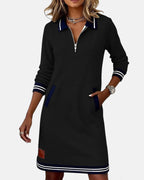 Noelle - Women's Polo Collar Shift Dress with Striped Cuffs