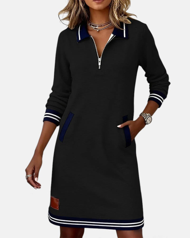 Noelle - Women's Polo Collar Shift Dress with Striped Cuffs