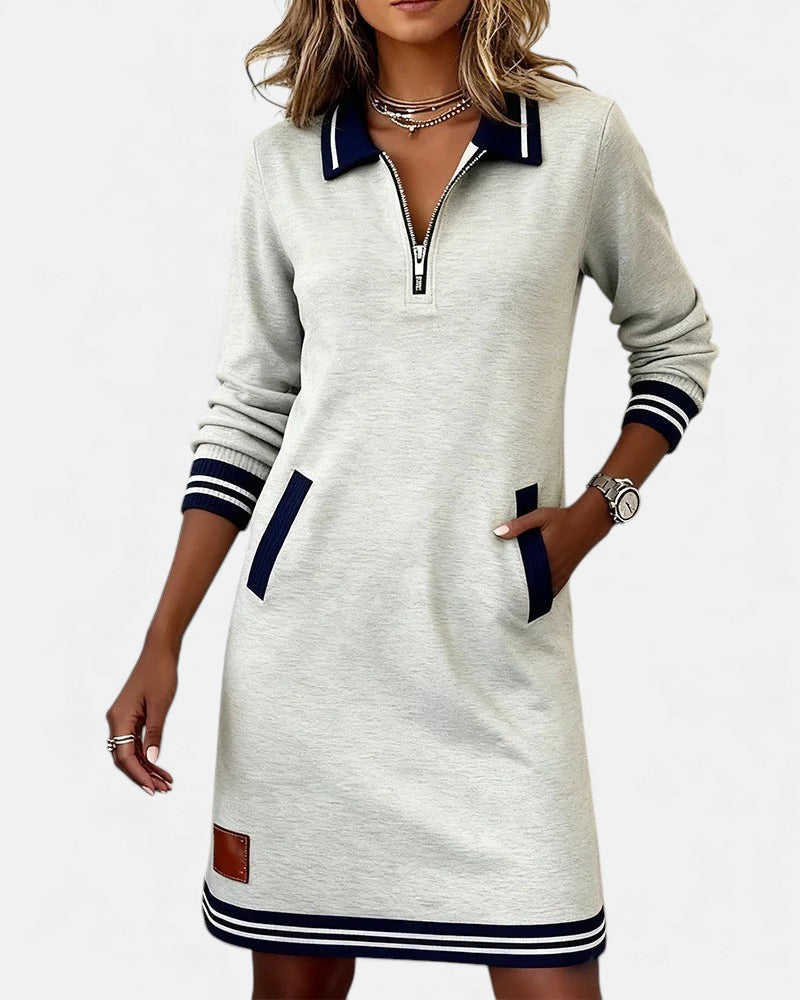 Noelle - Women's Polo Collar Shift Dress with Striped Cuffs