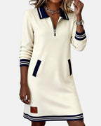 Noelle - Women's Polo Collar Shift Dress with Striped Cuffs
