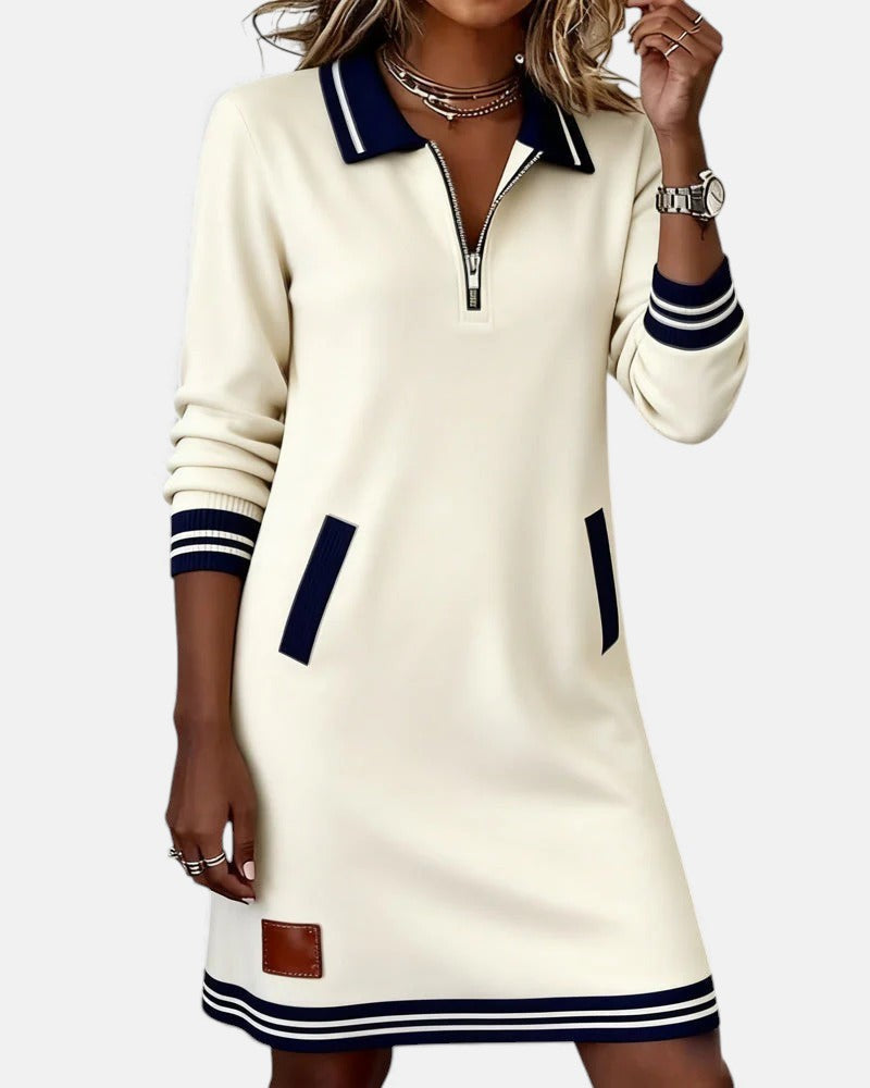 Noelle - Women's Polo Collar Shift Dress with Striped Cuffs