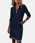Noelle - Women's Polo Collar Shift Dress with Striped Cuffs