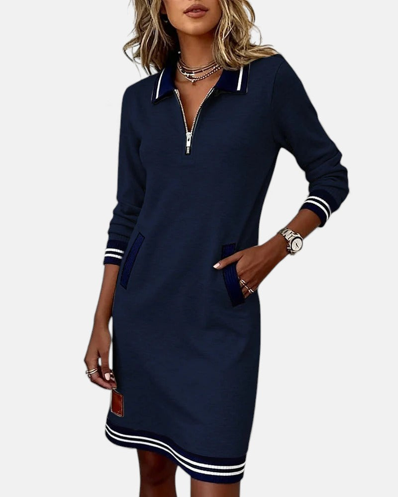 Noelle - Women's Polo Collar Shift Dress with Striped Cuffs