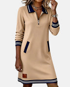Noelle - Women's Polo Collar Shift Dress with Striped Cuffs