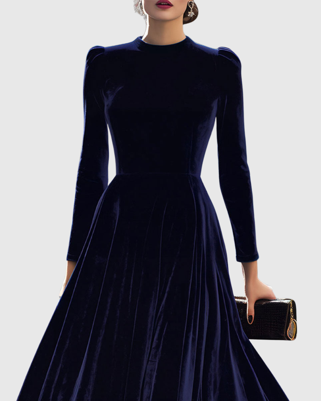 Ophelia - Women's Puffed-Shoulder Velvet Midi Dress