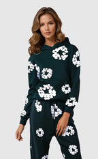 Oriana - Women's Floral Print Drawstring Hoodie and Tapered Joggers