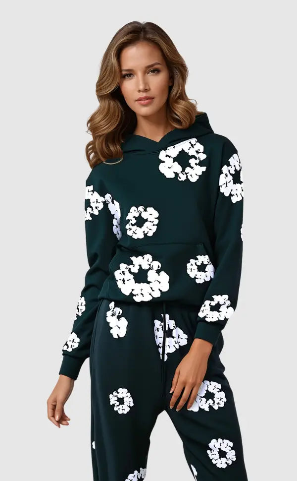 Oriana - Women's Floral Print Drawstring Hoodie and Tapered Joggers