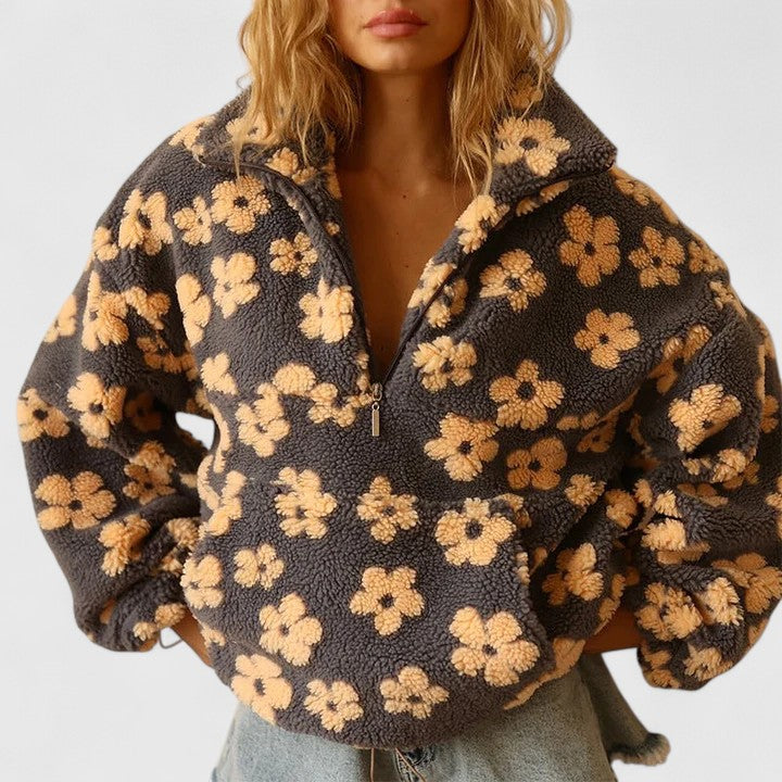 Phoebe - Women's Floral Print Cozy Half-Zip Sweater