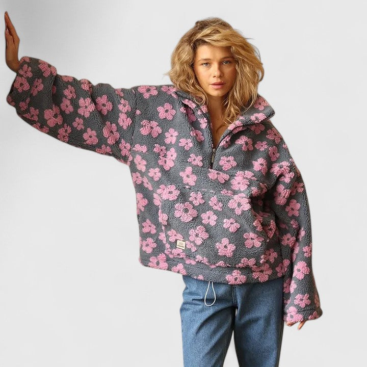 Phoebe - Women's Floral Print Cozy Half-Zip Sweater