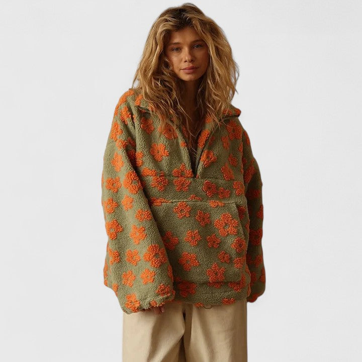 Phoebe - Women's Floral Print Cozy Half-Zip Sweater