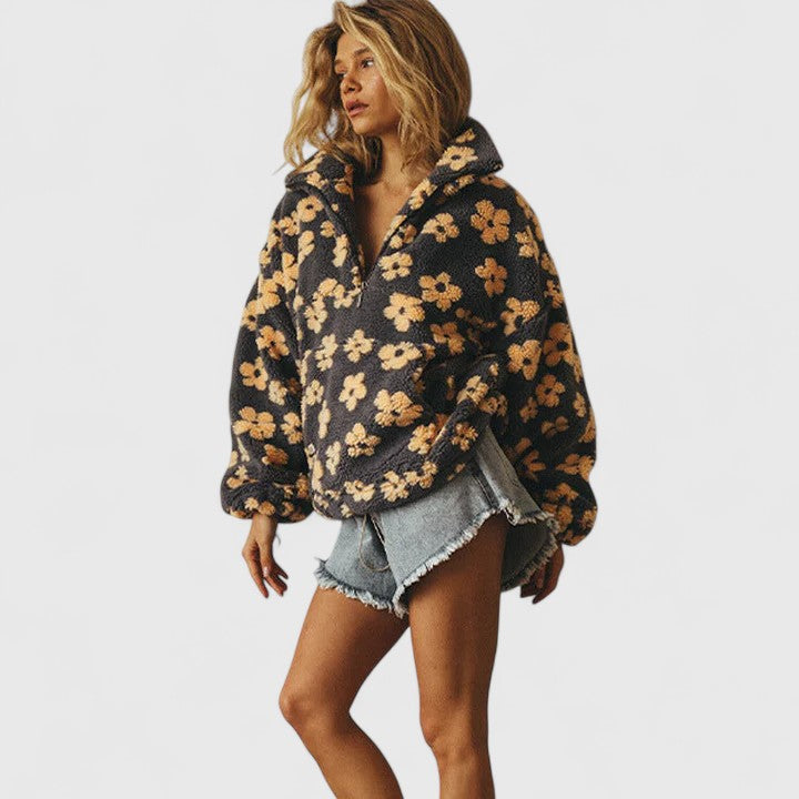 Phoebe - Women's Floral Print Cozy Half-Zip Sweater