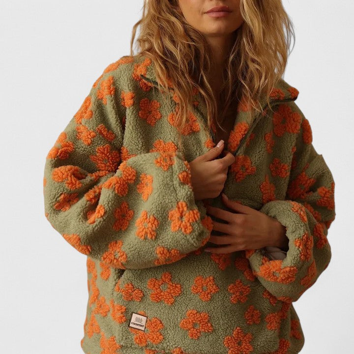 Phoebe - Women's Floral Print Cozy Half-Zip Sweater