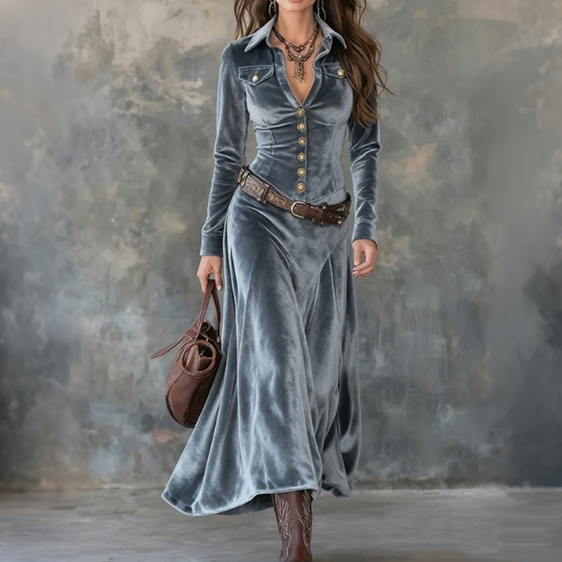 Piper - Women's Velvet Collar Button-Front Maxi Dress