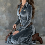 Piper - Women's Velvet Collar Button-Front Maxi Dress