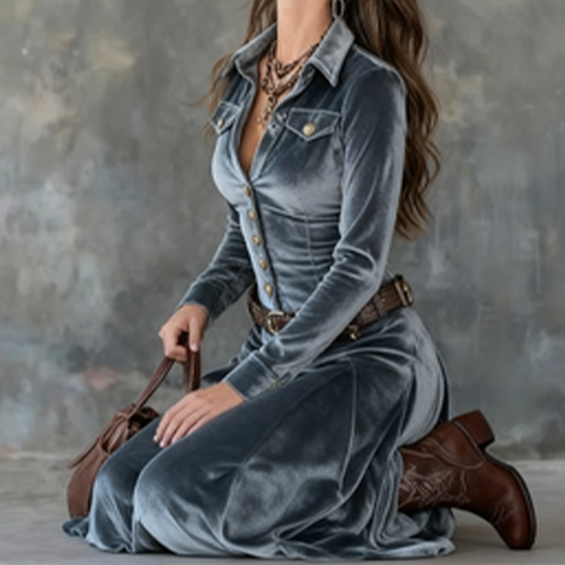 Piper - Women's Velvet Collar Button-Front Maxi Dress